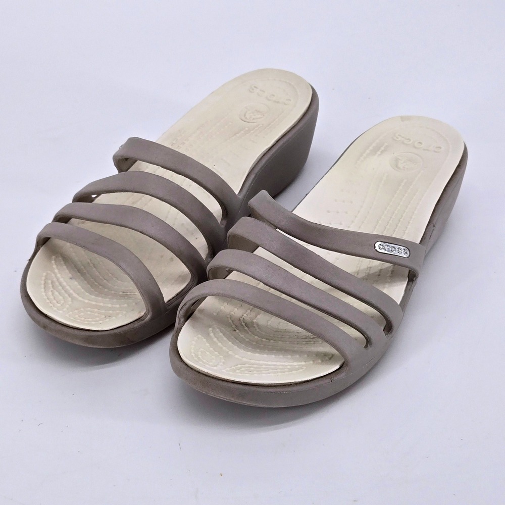 Crocs Patricia Four Strap‎ Wedge Sandals Stucco Mushroom Neutral Women's Size 7